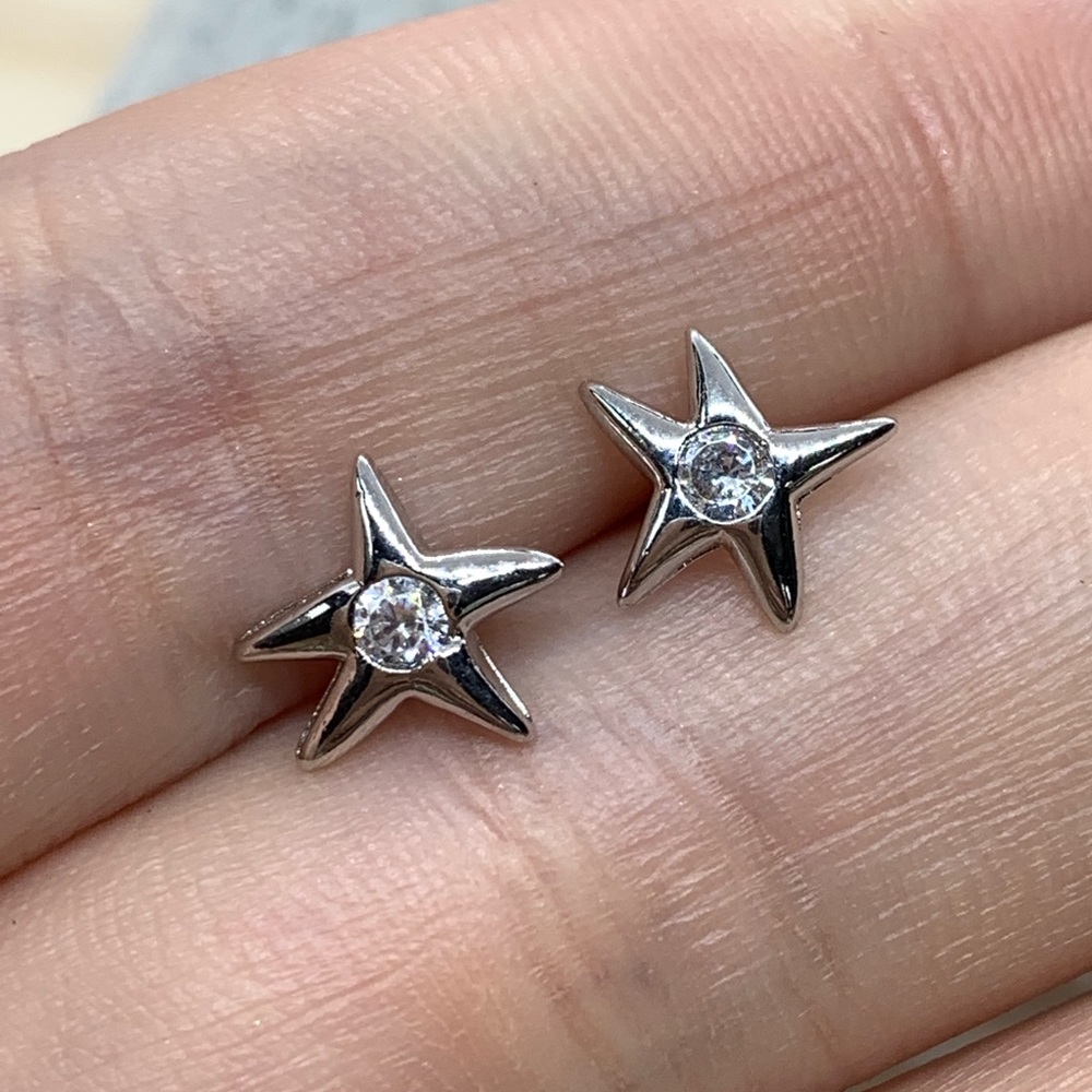 Sterling Silver 925 CZ Star Stud Earrings - Picture 4 of 5